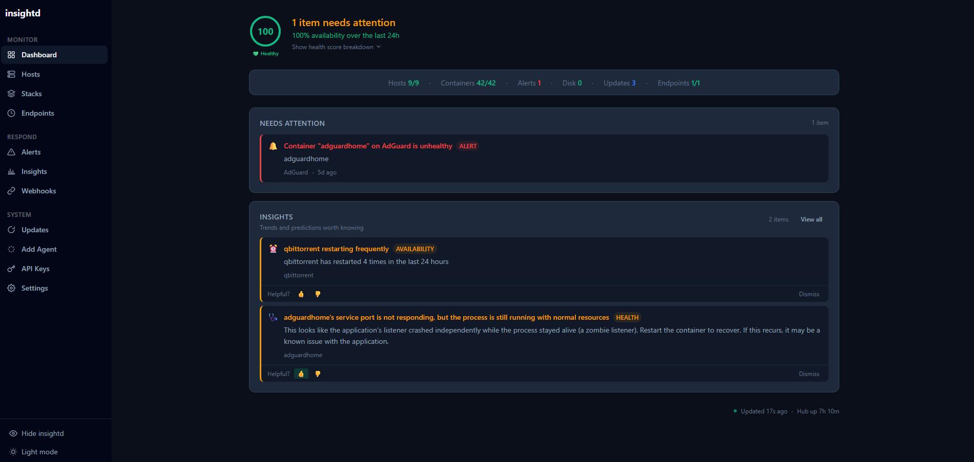 insightd dashboard showing health score, status bar, attention feed, and insights