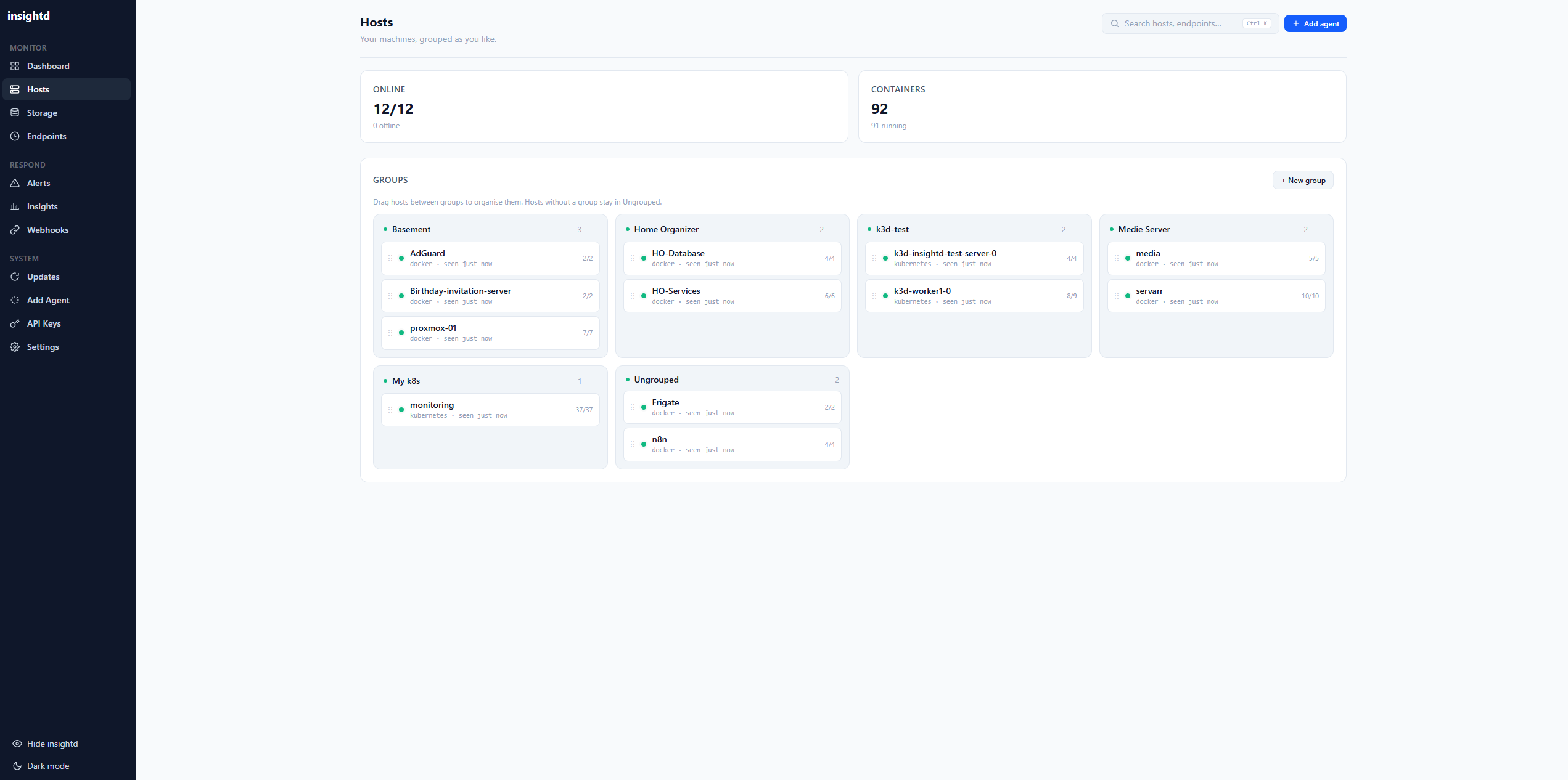 Hosts overview showing all connected servers with online status, runtime, container counts, and health score
