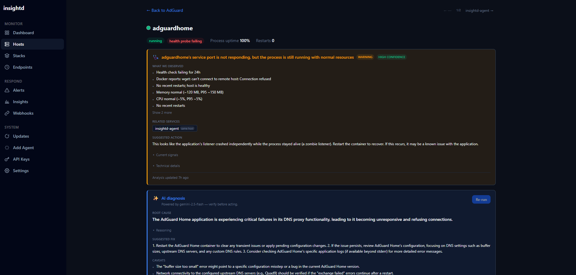 Container detail page showing diagnosis with evidence, related services, and AI analysis