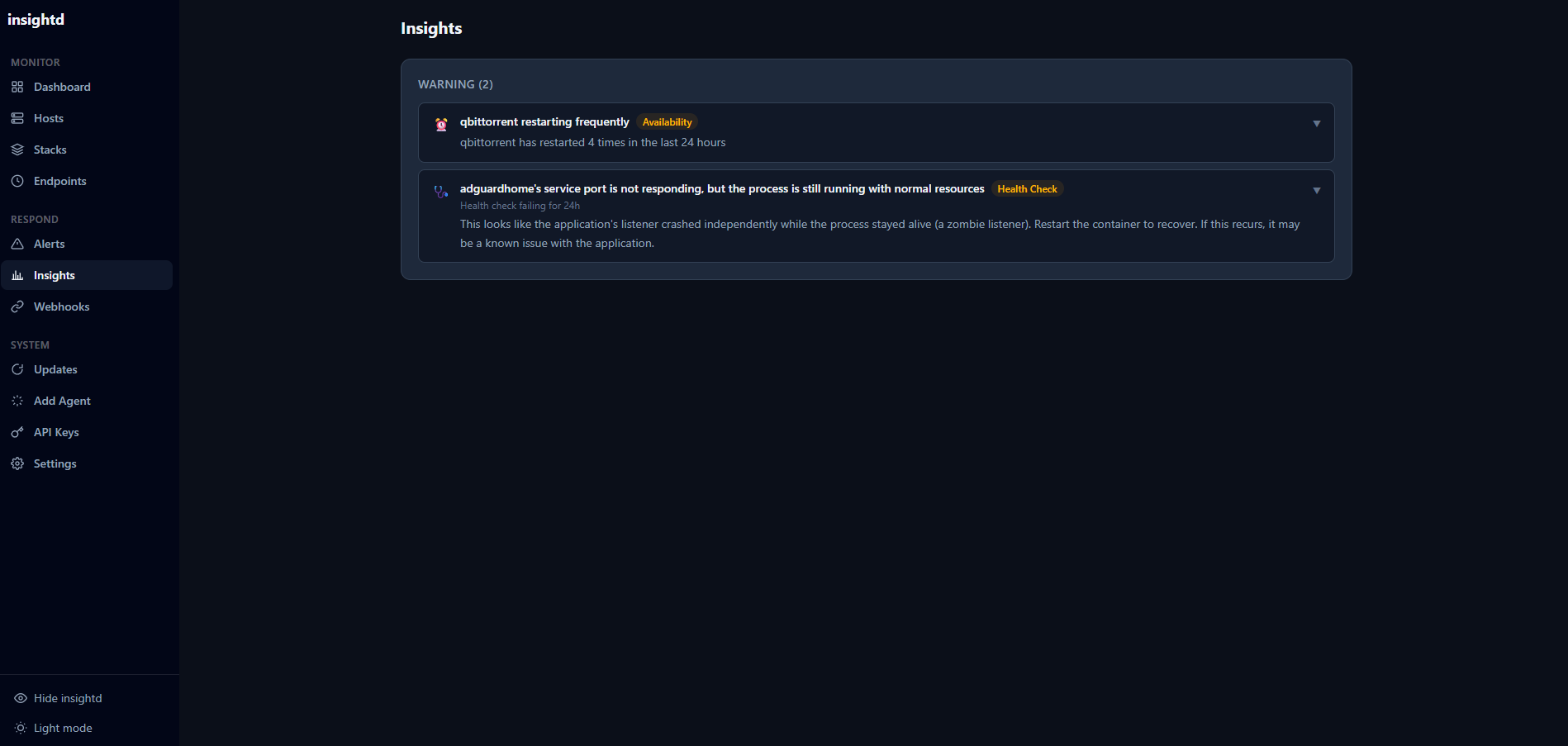 Insights page showing availability and health check warnings with feedback buttons